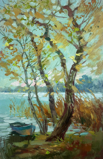 Oil painting Windy weather by the river by Yuriy Suprunchuk: rowboat by autumn trees