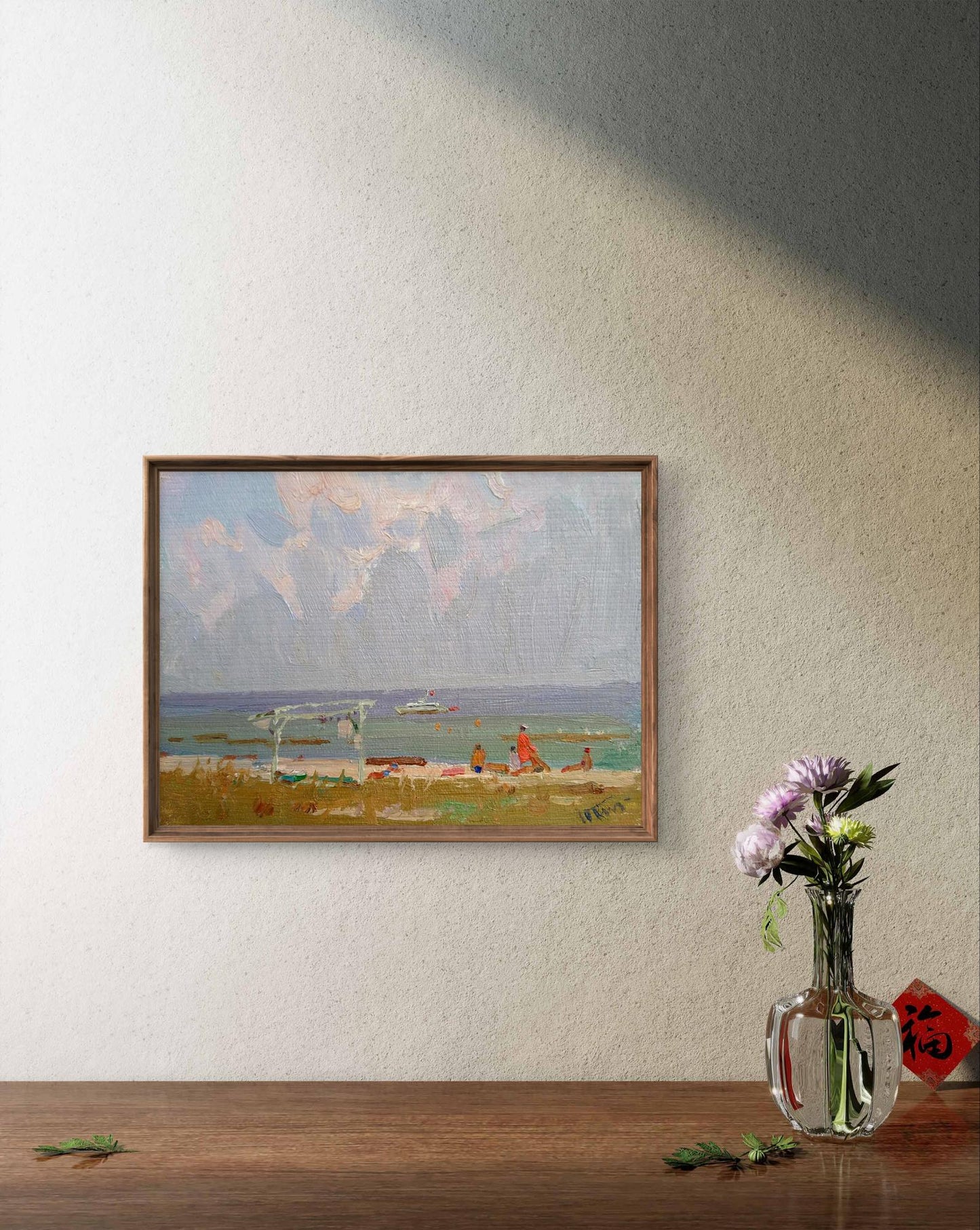 Framed oil painting of sea shores beach scene by Yury Konovalov