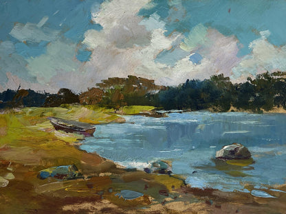 Oil painting by Yuriy Suprunchuk: rustic rowboat on sunlit shore by calm blue water
