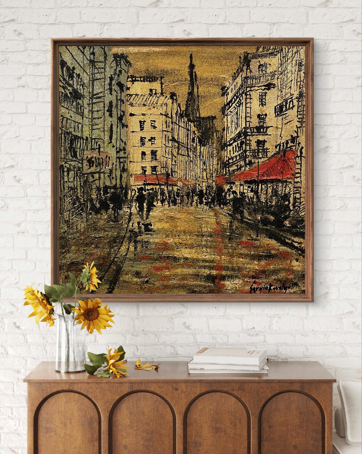 Framed Oil painting Super romance by Serhiy Kovalev, bustling city street