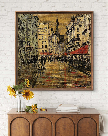 Framed Oil painting Super romance by Serhiy Kovalev, bustling city street