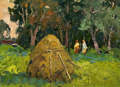 Oil painting of golden-brown haystack near forest by Oksana Ivanyuk