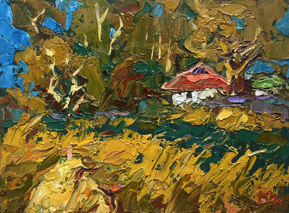 Oil painting Evening is coming in the village by Oleksiy Ivanyuk, red-roofed cottage in lush foliage