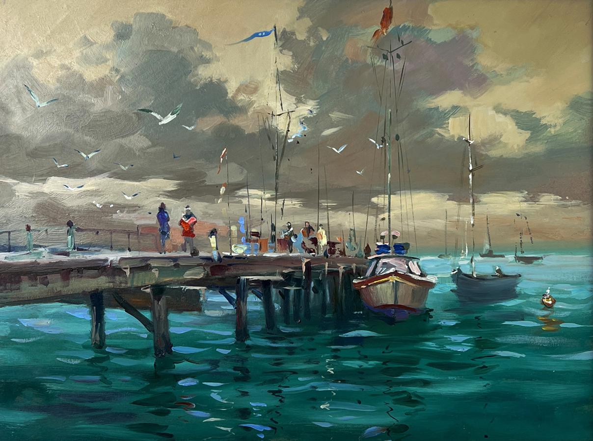 Oil painting by Yuriy Suprunchuk: teal ocean pier with boats and seagulls