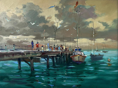 Oil painting by Yuriy Suprunchuk: teal ocean pier with boats and seagulls