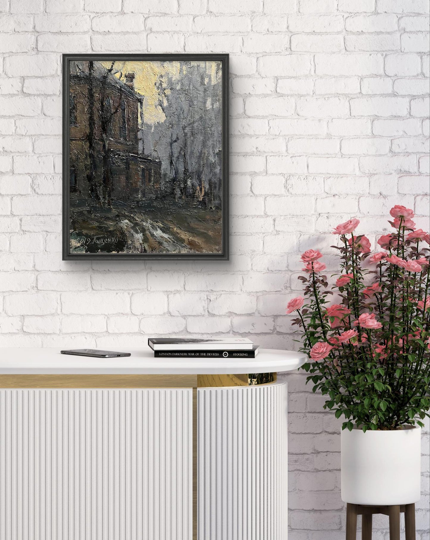Oil painting Village life by Volodymyr Pashchenko misty street scene