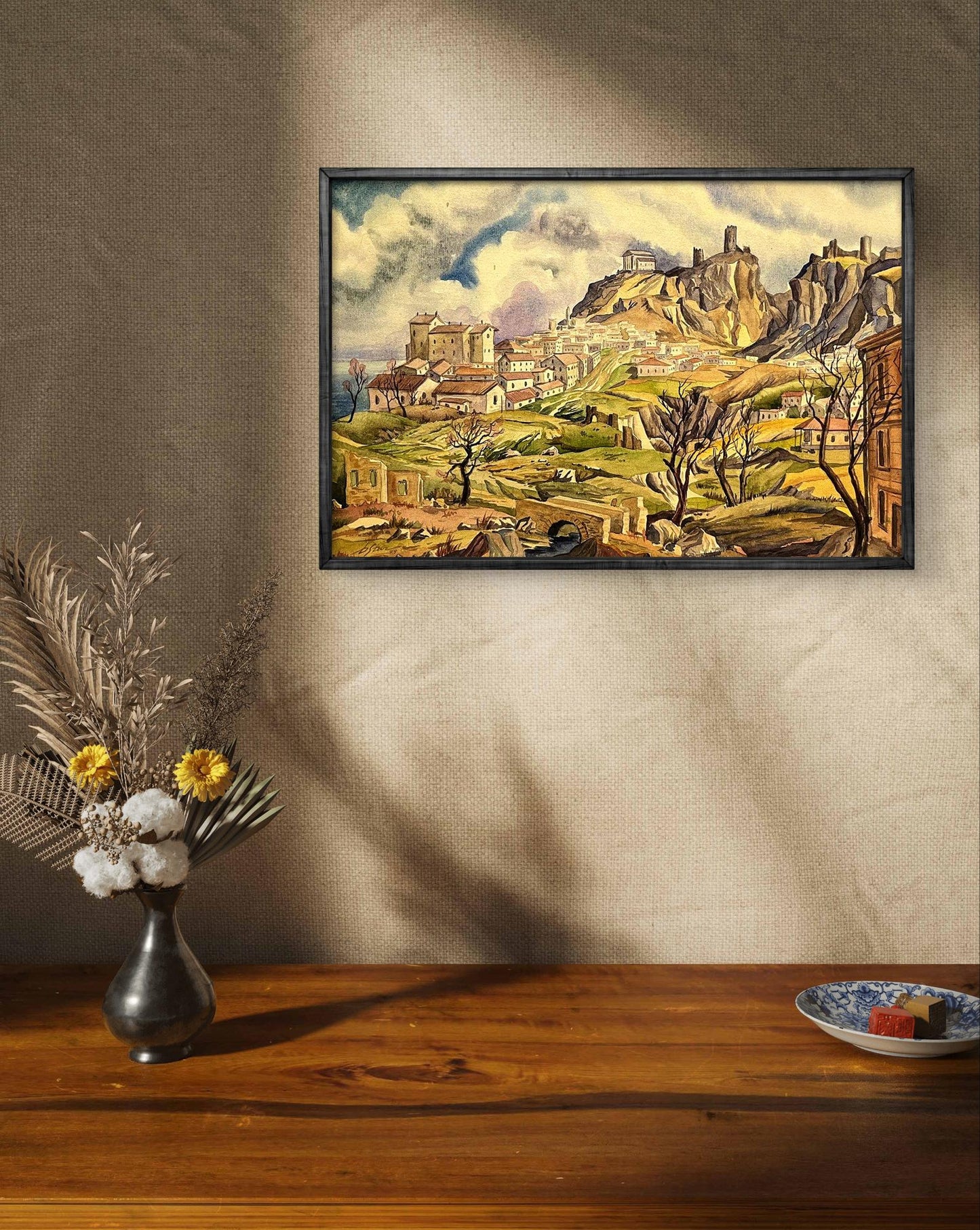 Vintage watercolor painting of Dmytro Startsev city in mountains with castle on cliffs