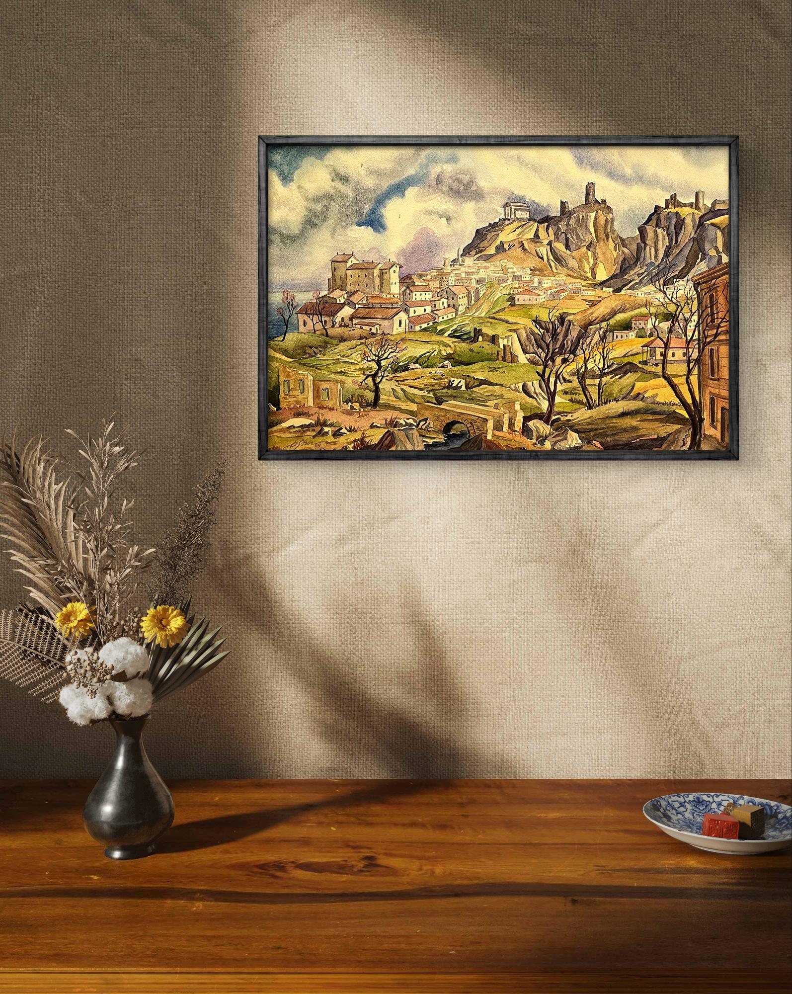 Vintage watercolor painting of Dmytro Startsev city in mountains with castle on cliffs