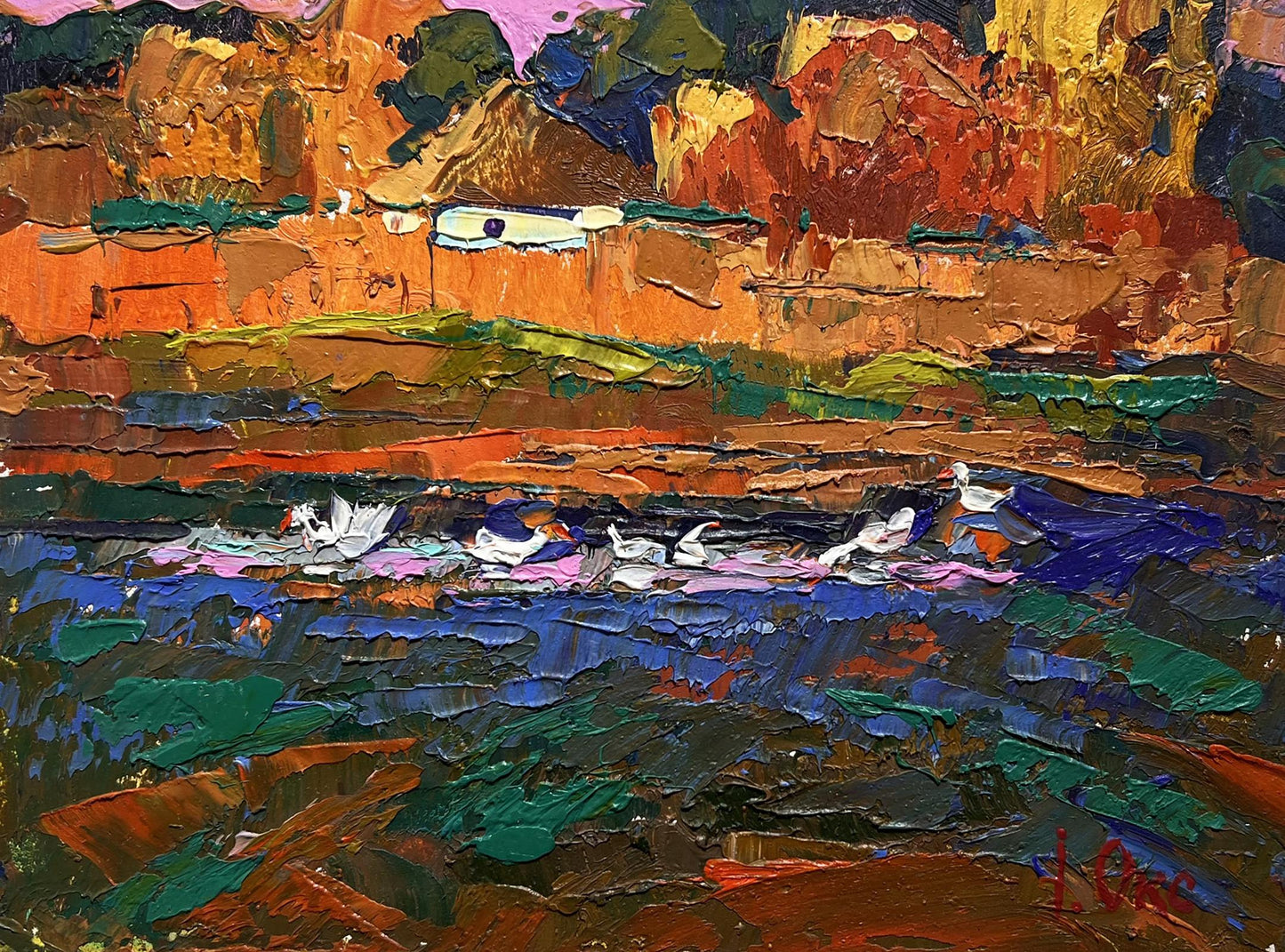 Vibrant impressionist oil painting Evening by the Lake by Oksana Ivanyuk