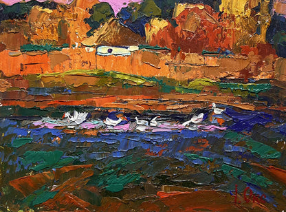 Vibrant impressionist oil painting Evening by the Lake by Oksana Ivanyuk