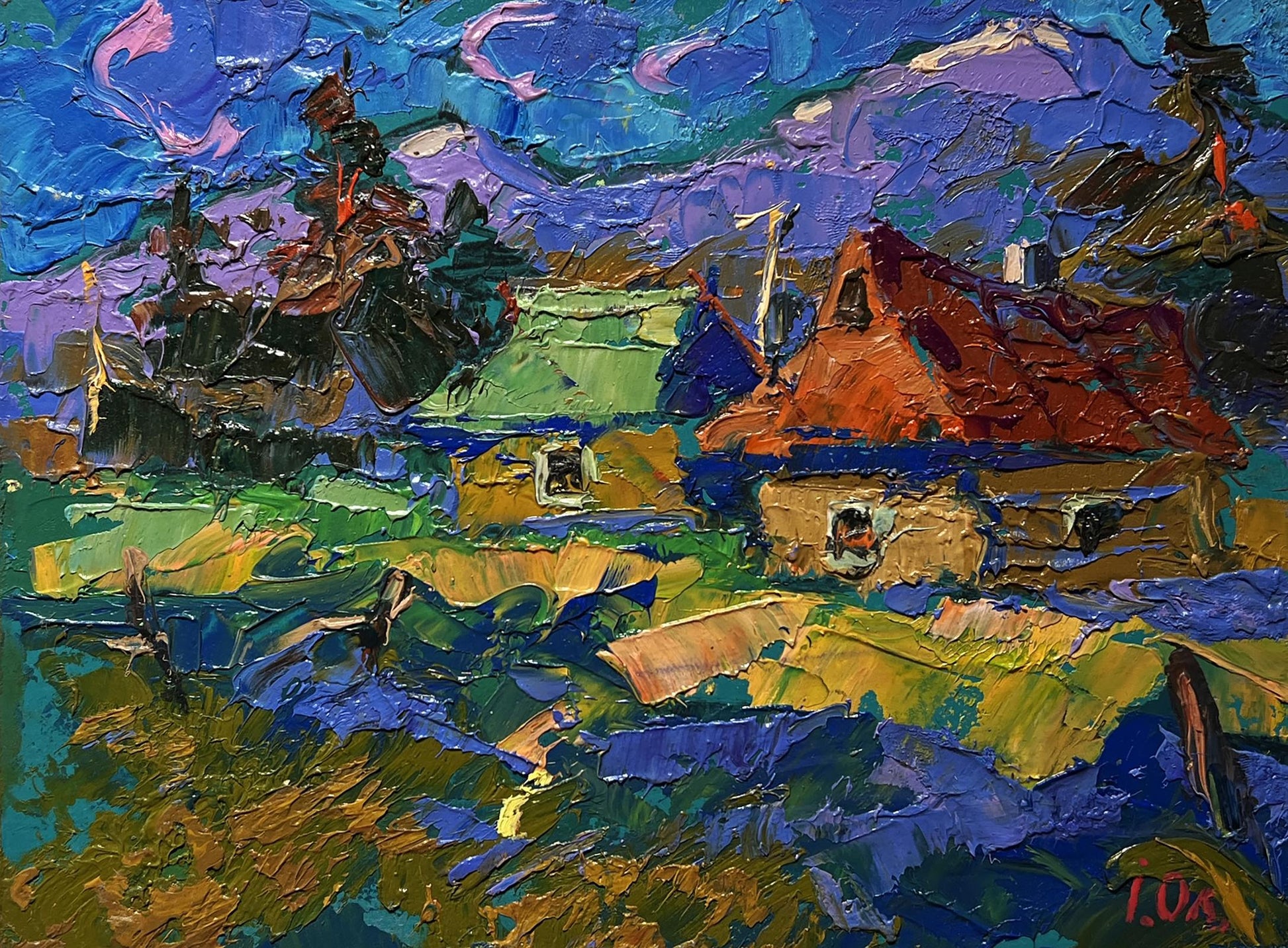 Vibrant impressionist oil painting of village and blue mountains by Oleksiy Ivanyuk