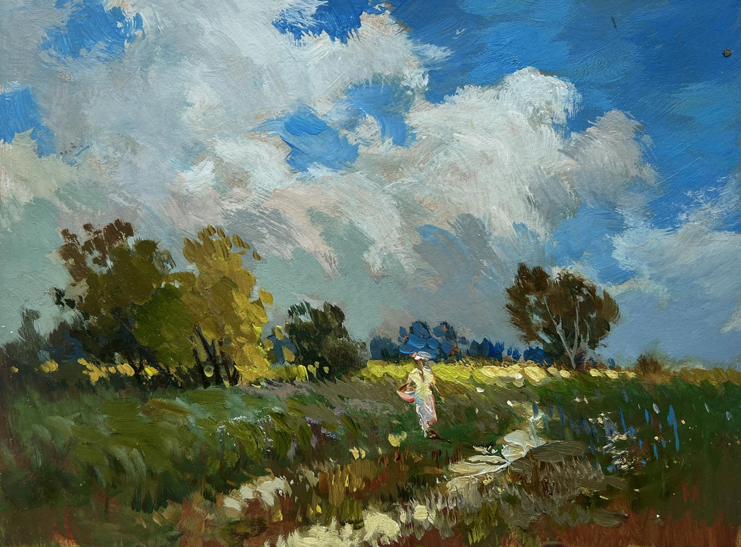 Oil painting by Yuriy Suprunchuk: girl in white dress walks sunlit wildflower field