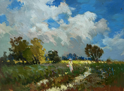 Oil painting by Yuriy Suprunchuk: girl in white dress walks sunlit wildflower field
