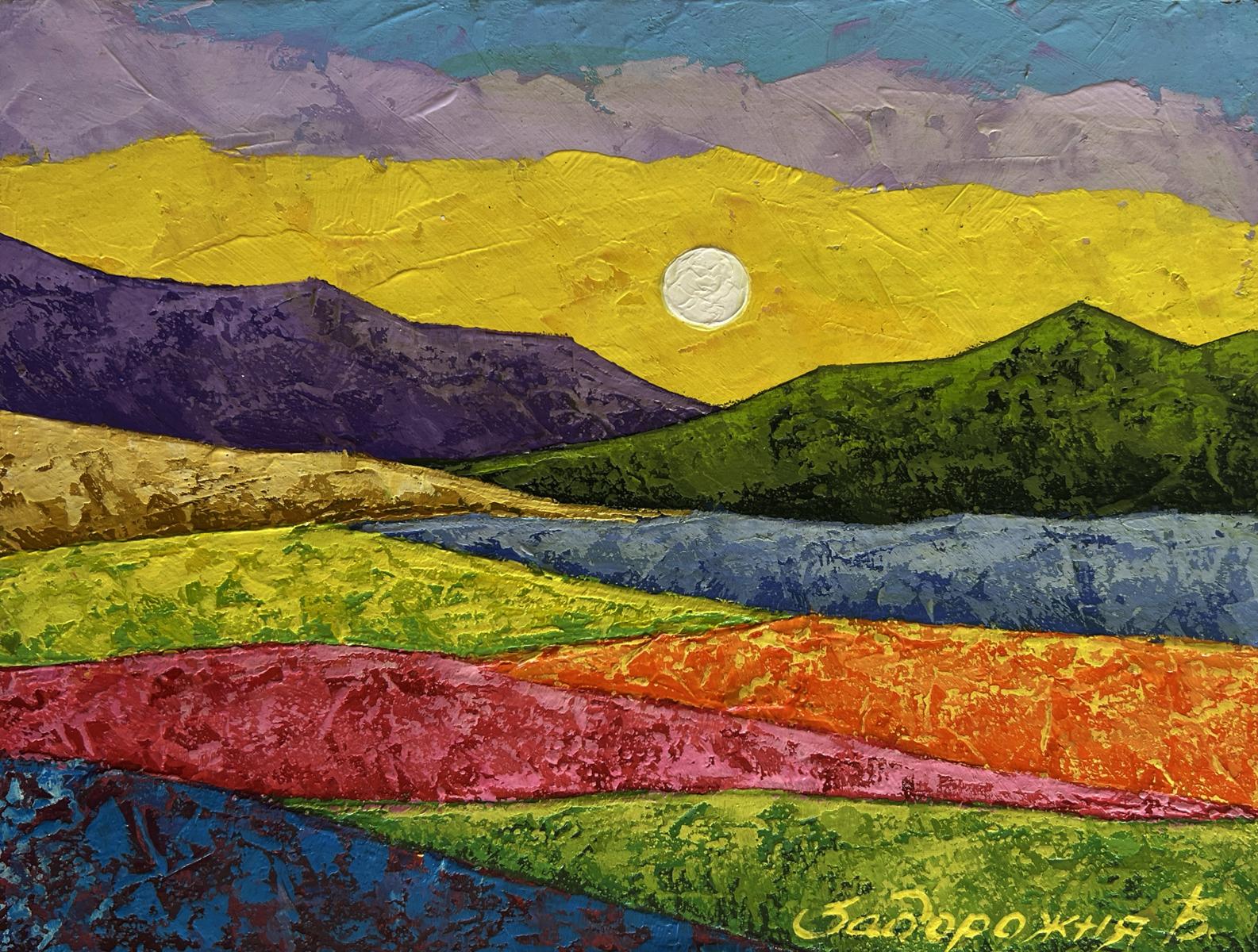 Vibrant layered oil painting by V. Zadorozhnya: sun behind textured mountains