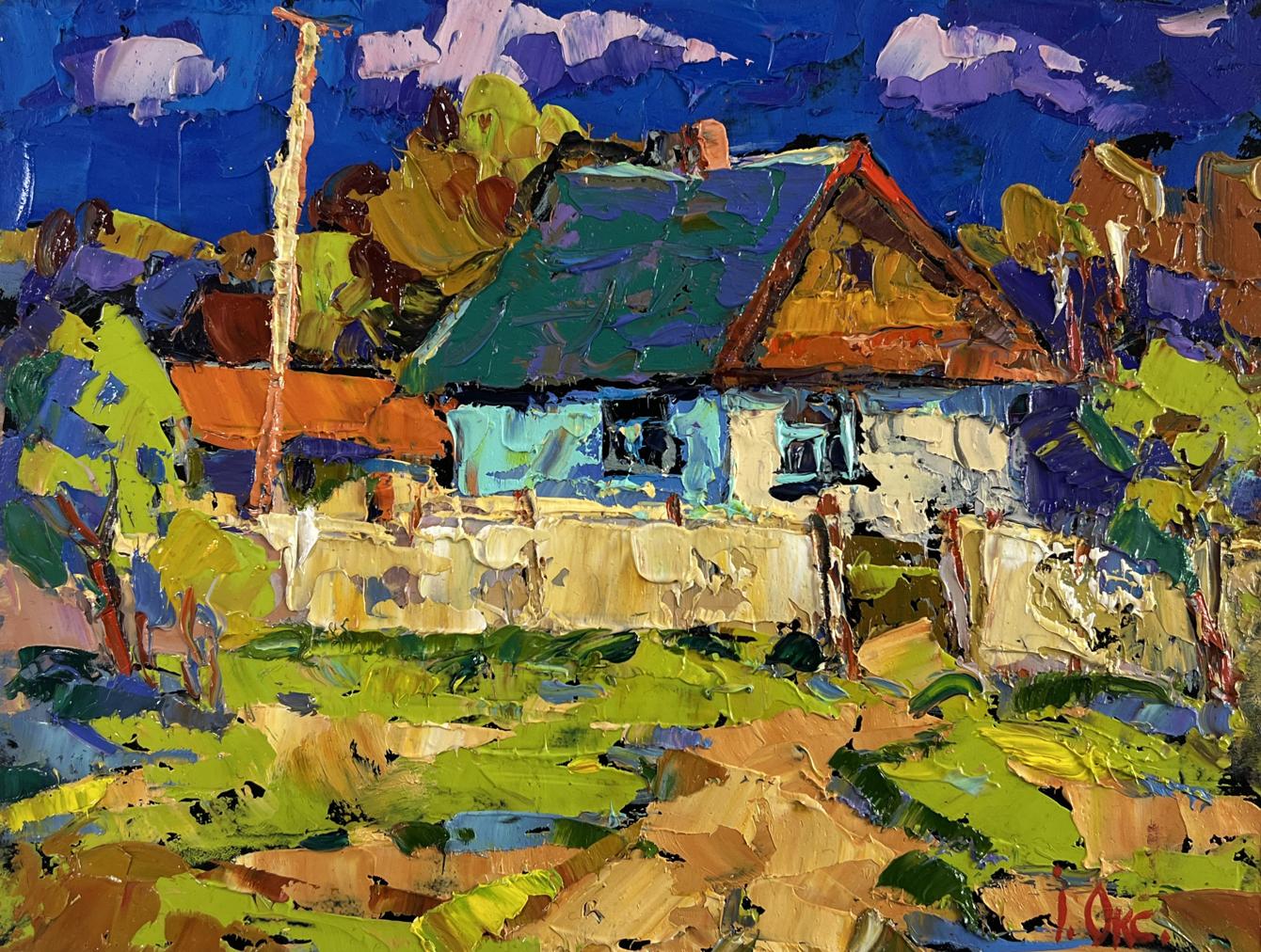 Vibrant impressionist oil painting of Oksana Ivanyuk tree house under endless purple sky