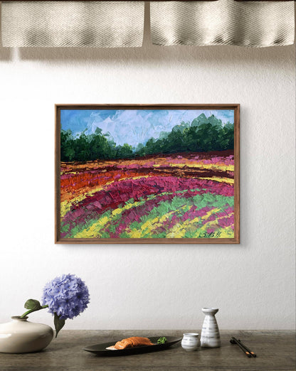 Oil painting Colorful field V. Zadorozhnya vibrant flowers under blue sky