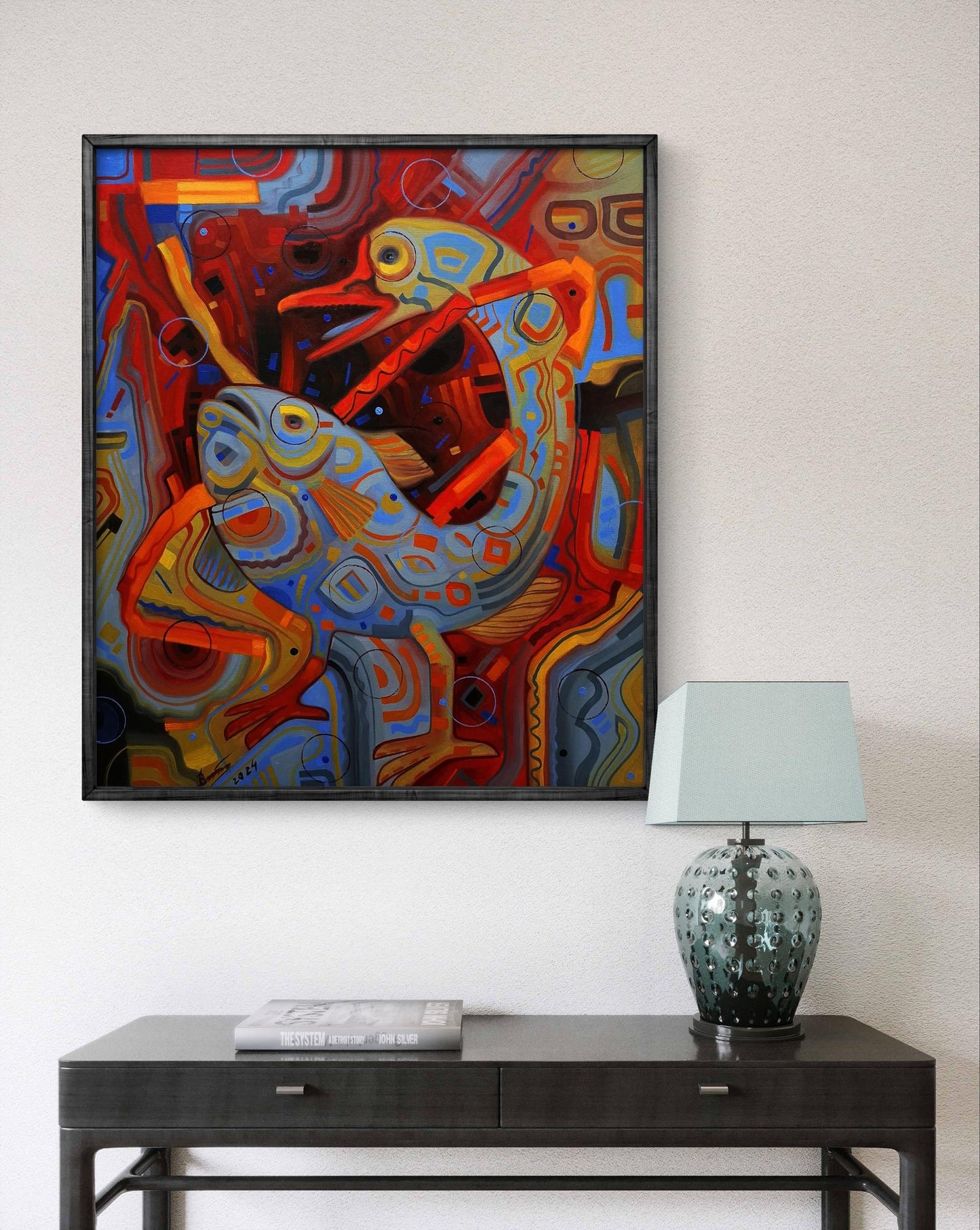 Vibrant oil painting The fish goes for a walk by Sergiy Voichenko with stylized frogs
