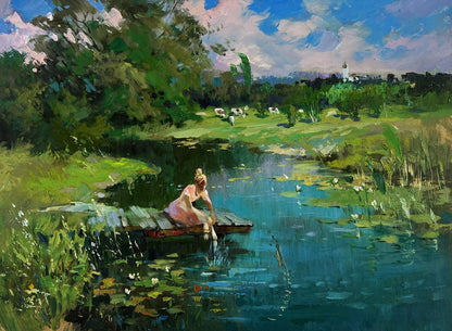 Oil painting by Yuriy Suprunchuk: girl washes at pond on dock with lily pads