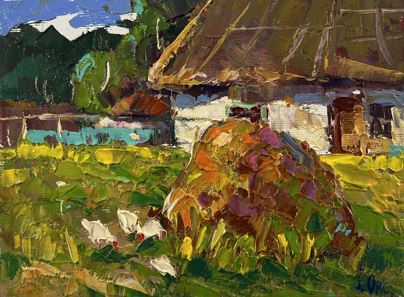 Vibrant impressionist oil painting by Oksana Ivanyuk of village courtyard