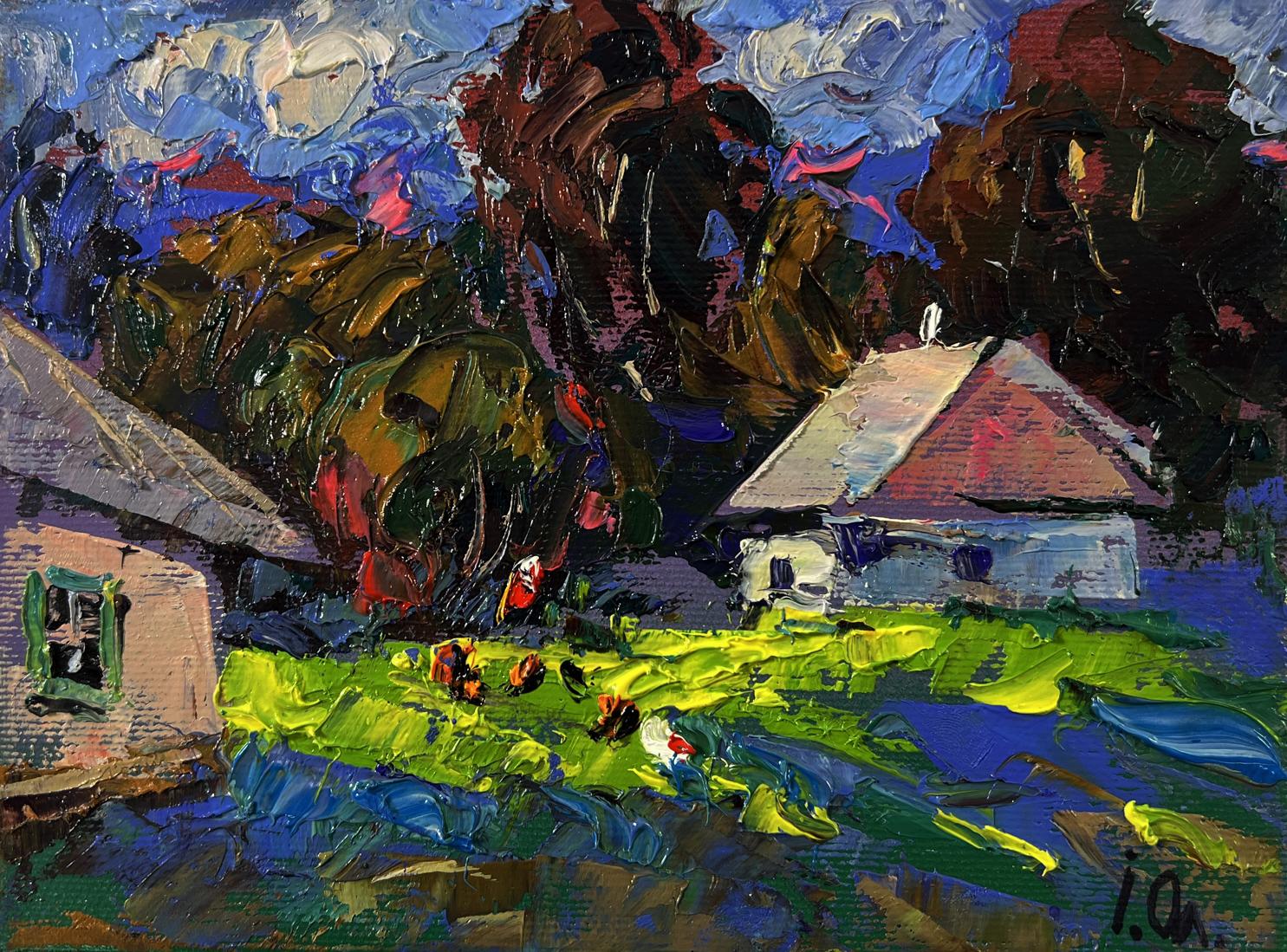 Vibrant impressionist oil painting by Oleksiy Ivanyuk of village life in silent rural scene
