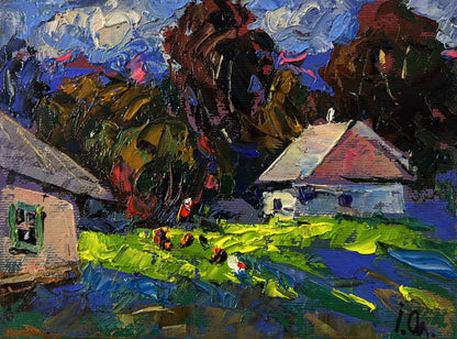 Vibrant impressionist oil painting by Oleksiy Ivanyuk of village life in silent rural scene