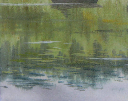 Serene watercolor of man fishing on boat in tranquil pond by Valery Savenets