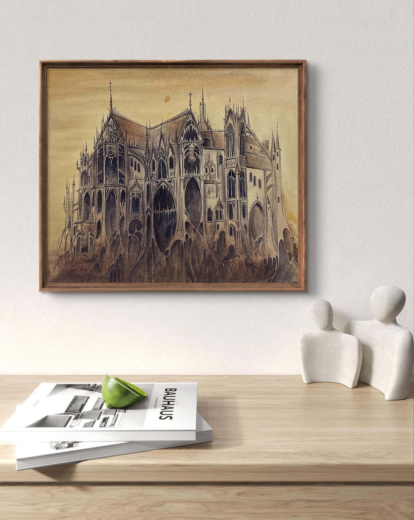 Framed watercolor Inquisition gothic cathedral sketch by Dmytro Startsev