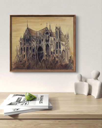 Framed watercolor Inquisition gothic cathedral sketch by Dmytro Startsev