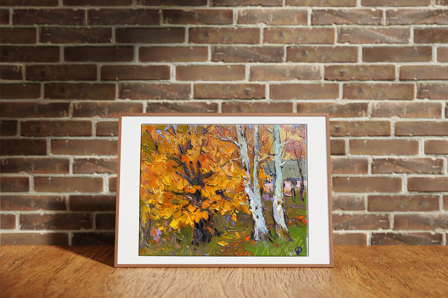 Oil painting Autumn gold by Oksana Ivanyuk in light brown frame