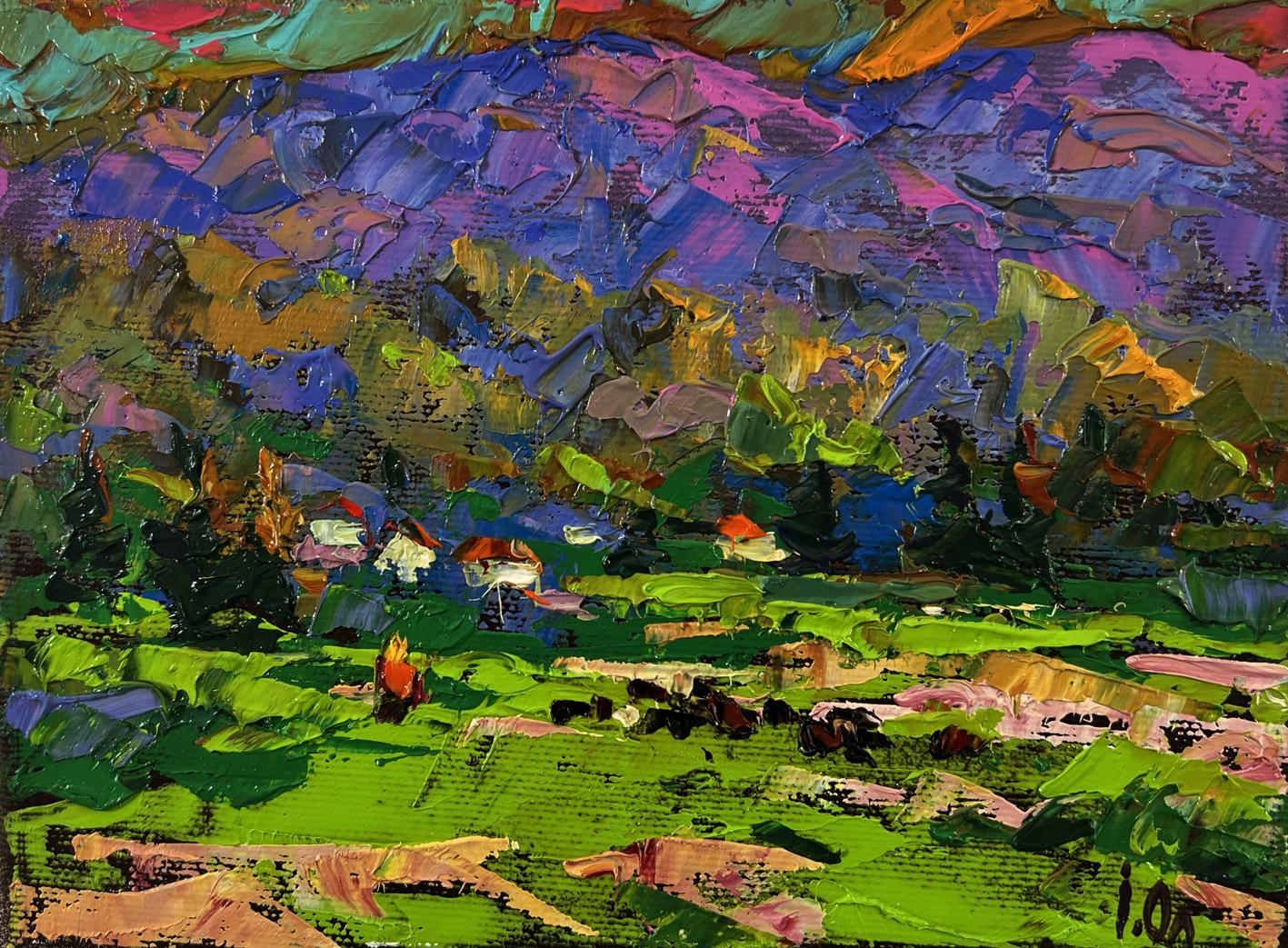 Vibrant Oleksiy Ivanyuk oil painting of rural mountains in impressionist style