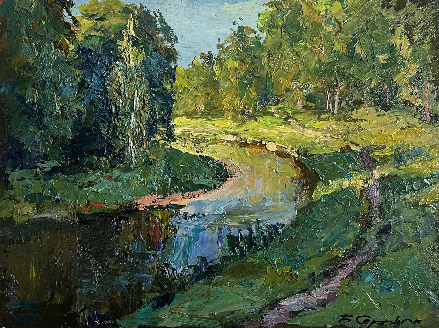 Oil painting Forest along the river by Boris Serdyuk vibrant impasto scene