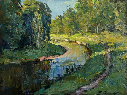 Oil painting Forest along the river by Boris Serdyuk vibrant impasto scene