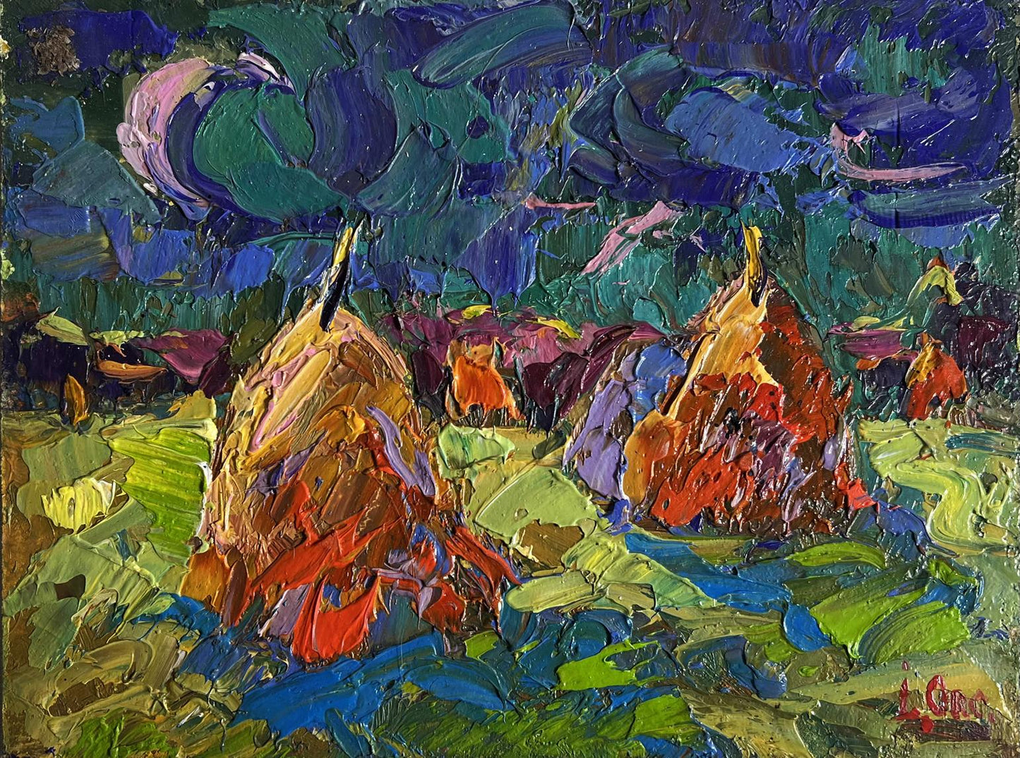 Vibrant impressionist oil painting of textured pears by Oksana Ivanyuk