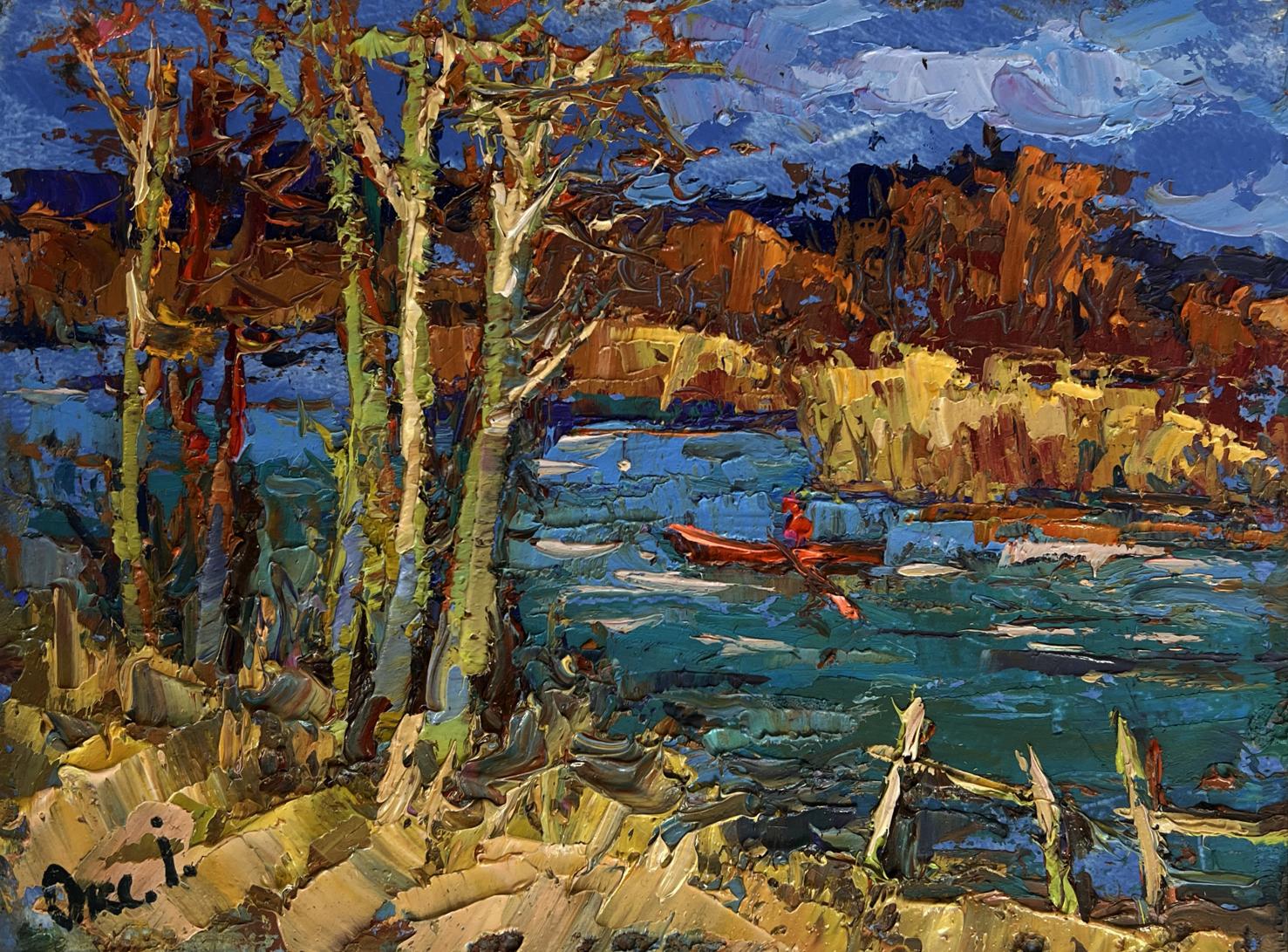 Oil painting Autumn river waters by Oksana Ivanyuk: red canoe on turquoise water