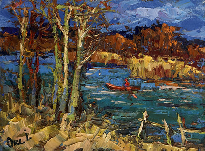 Oil painting Autumn river waters by Oksana Ivanyuk: red canoe on turquoise water