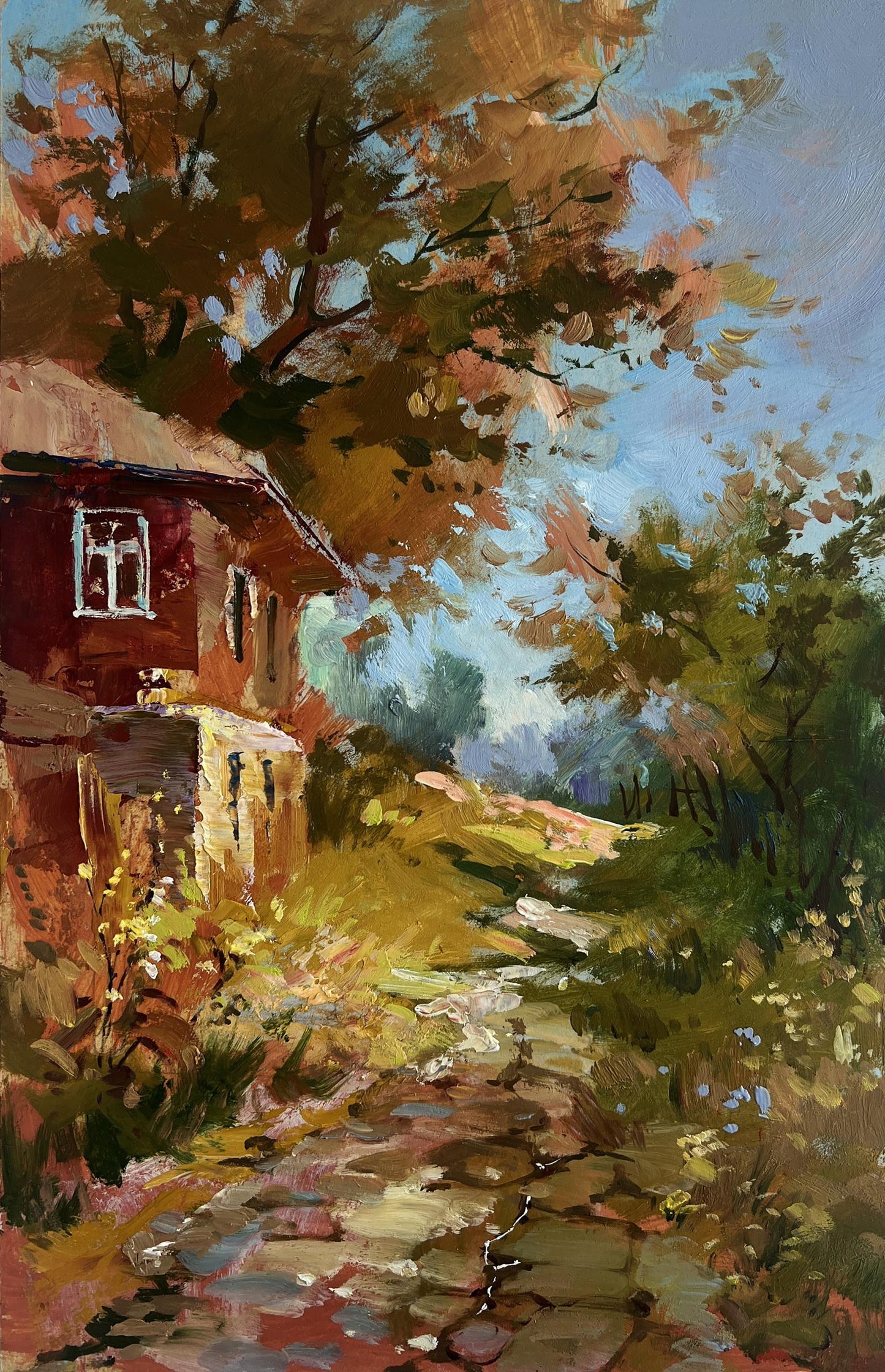 Oil painting Autumn golden path by Yuriy Suprunchuk: rustic red house under autumn trees