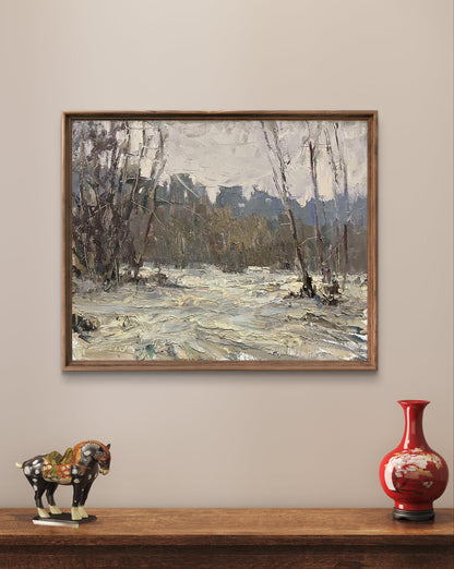 Framed impressionistic snowy forest river oil painting by Volodymyr Pashchenko