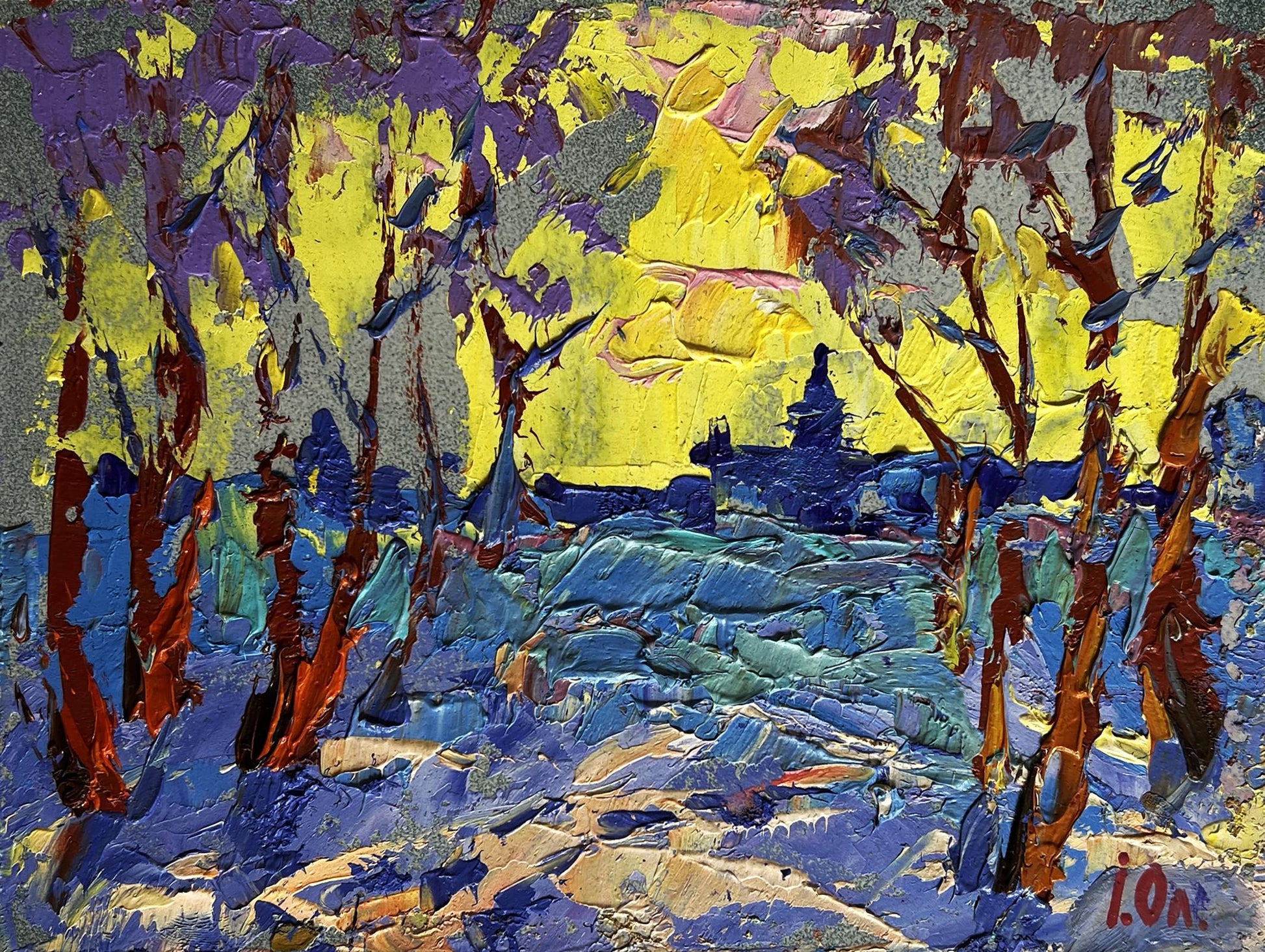Vibrant impressionist oil painting of winter evening with yellow sunset forest by Oleksiy Ivanyuk