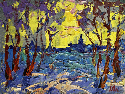 Vibrant impressionist oil painting of winter evening with yellow sunset forest by Oleksiy Ivanyuk