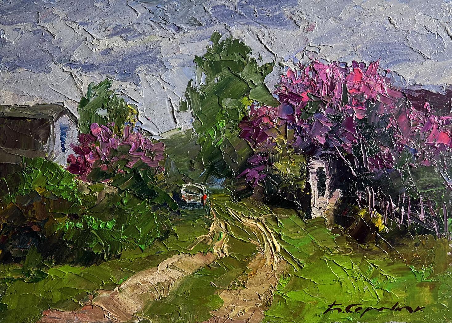 Oil painting of lilac bushes by Boris Serdyuk in village setting