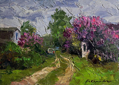 Oil painting of lilac bushes by Boris Serdyuk in village setting