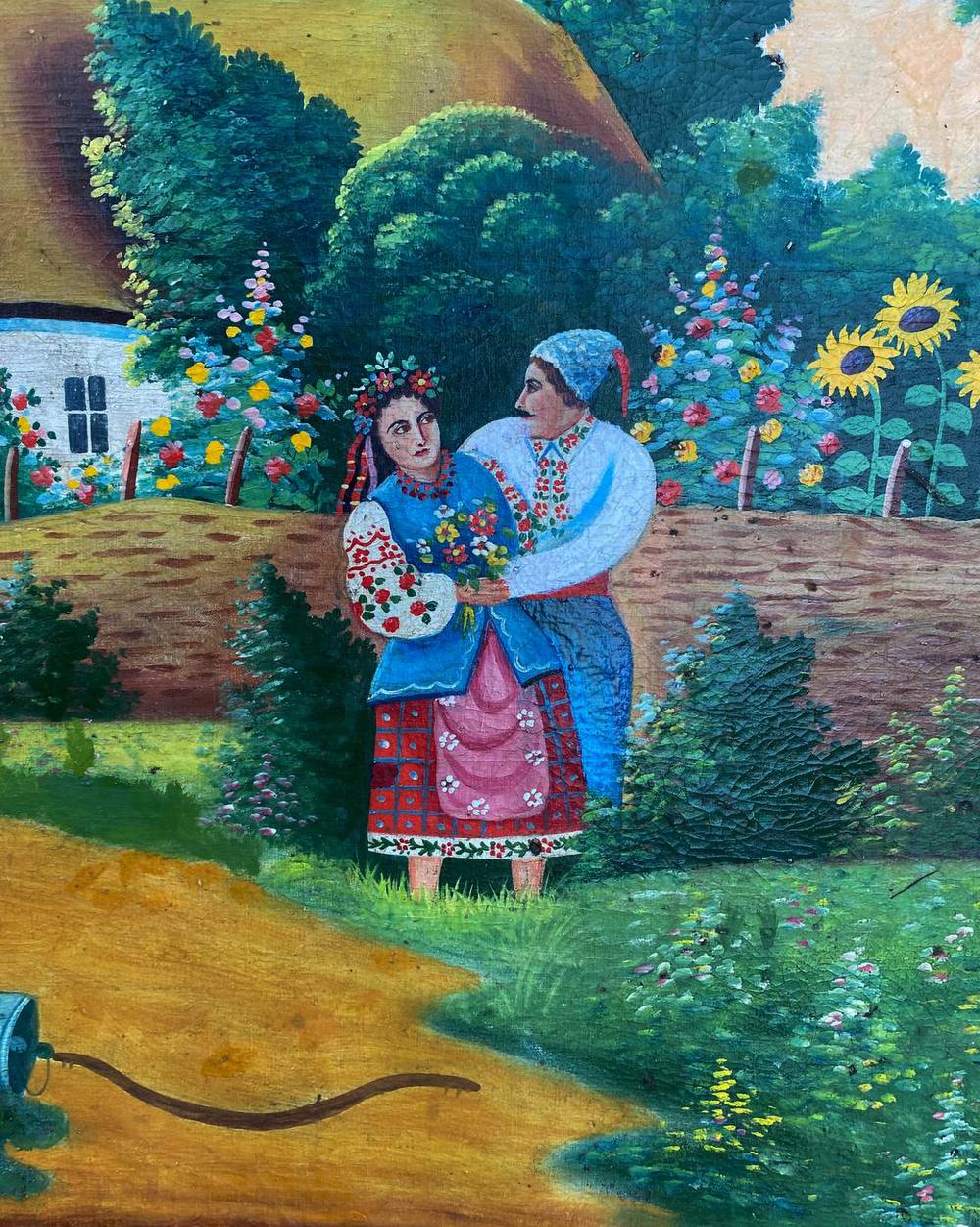 Oil painting Evening romance near home: vibrant folk couple in embroidered attire amid sunflowers