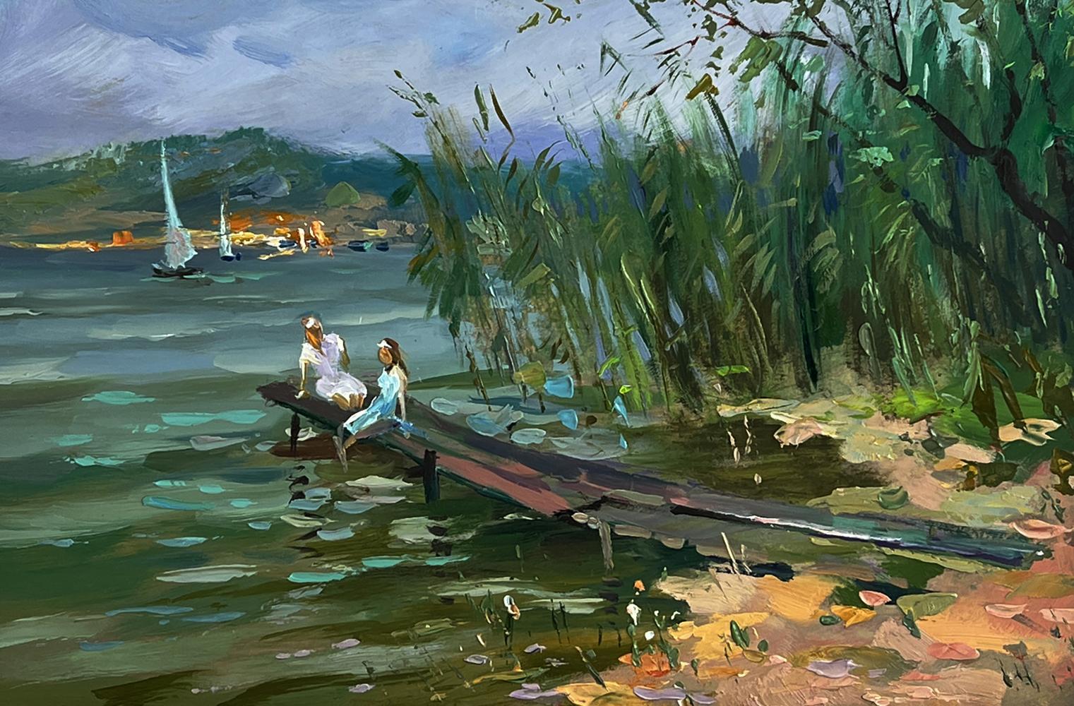 Oil painting by Yuriy Suprunchuk: girls by weathered wooden dock on calm lake