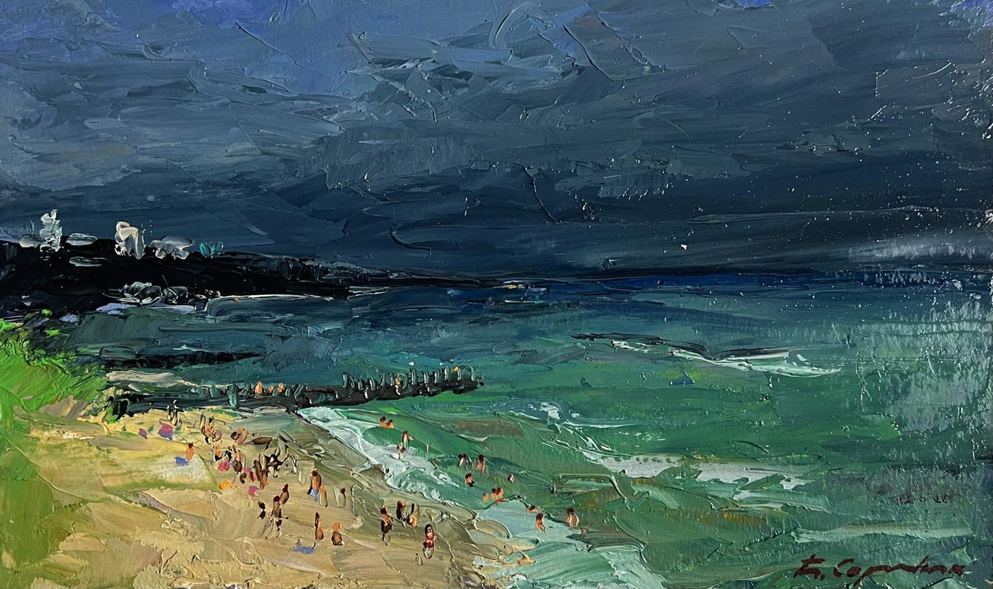 Oil painting by Boris Serdyuk: people on beach with stormy skies and turquoise waves