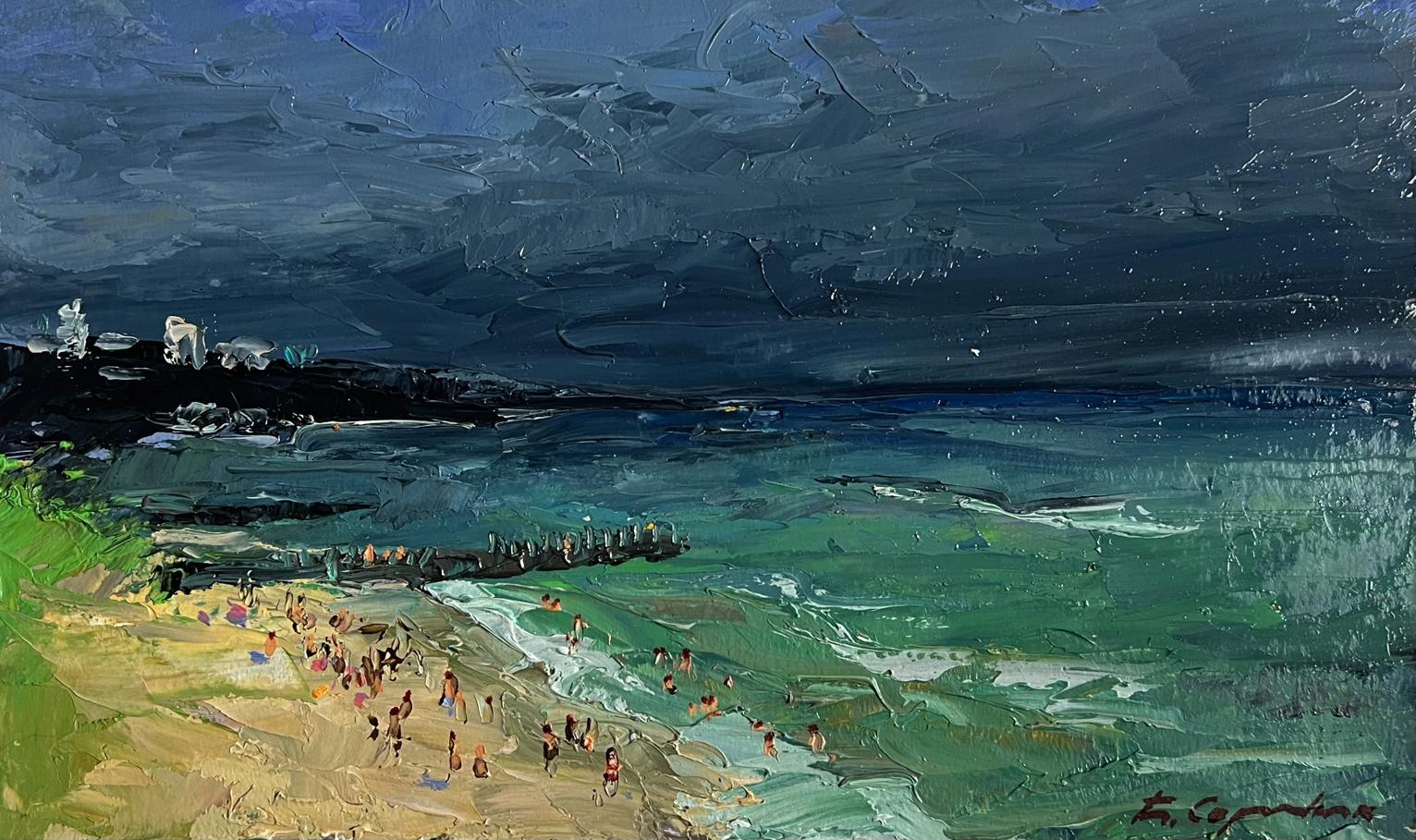 Oil painting by Boris Serdyuk: people on beach with stormy skies and turquoise waves