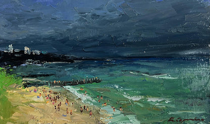 Oil painting by Boris Serdyuk: people on beach with stormy skies and turquoise waves
