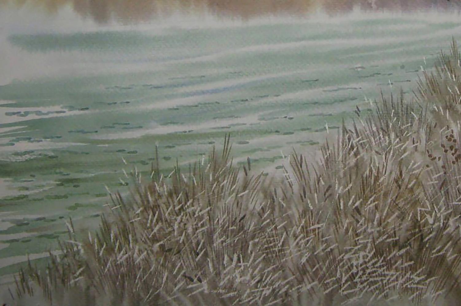 Watercolor painting of tall dry reeds swaying by river, Autumn mood by Valery Savenets