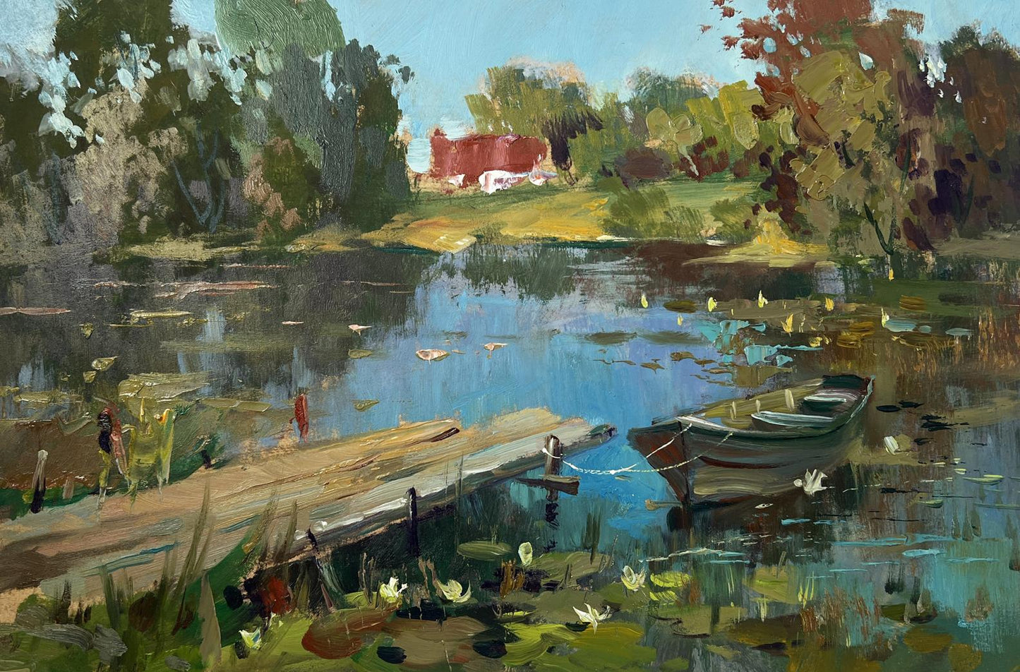 Oil painting of rowboat on rustic dock by Yuriy Suprunchuk