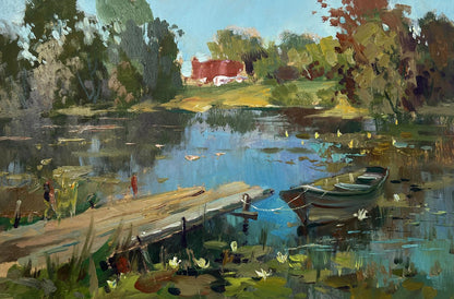 Oil painting of rowboat on rustic dock by Yuriy Suprunchuk
