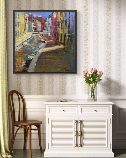 Framed impressionistic oil painting Compromise by Serhiy Kovalev, colorful canal scene